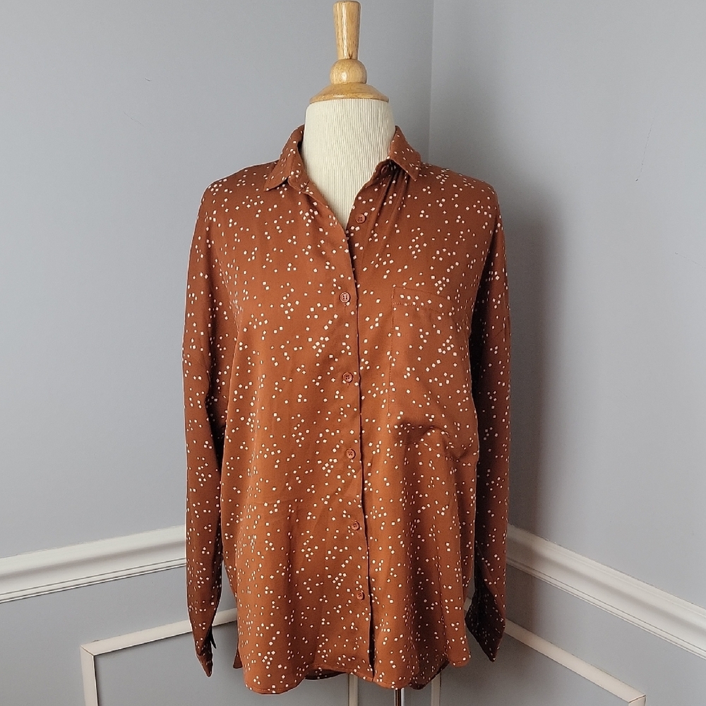 12TH TRIBE x THE SALTY BLONDE Rust White Polka Dot Oversized Boho Blouse Top S